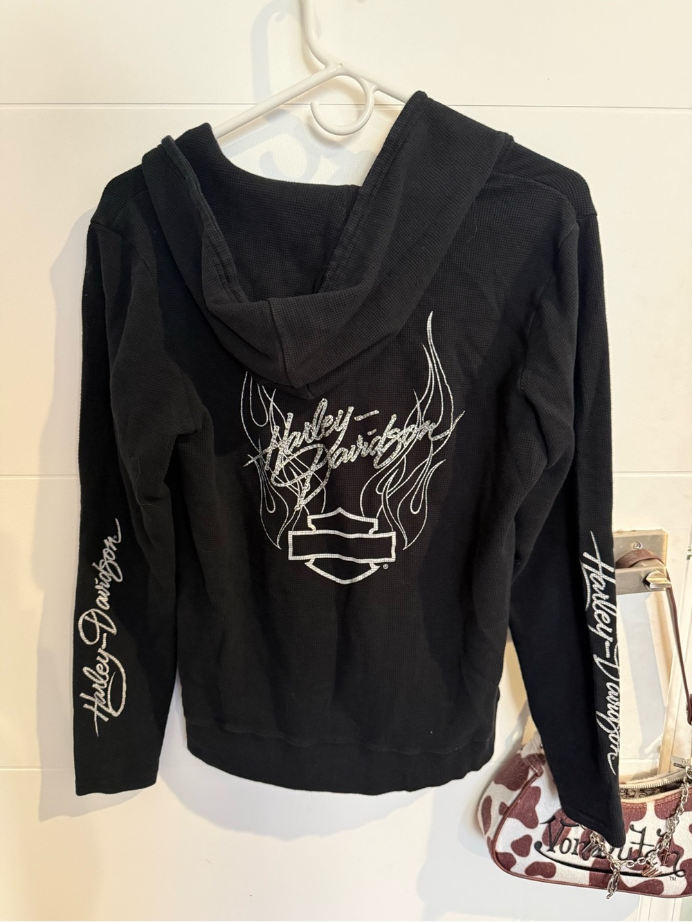 Harley Davidson Black Hooded Sweatshirt with White Flame Script-XL, runs small